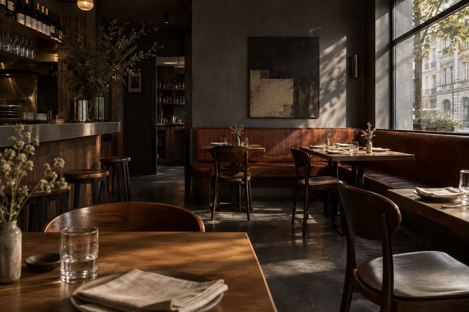 Drewniane stoły i bar w kameralnym wnętrzu przykładowej restauracji